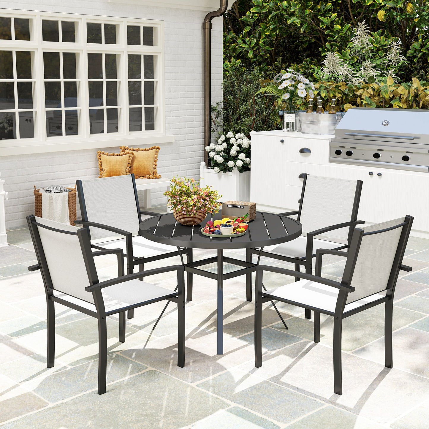 5 Piece Outdoor Dining Set with Round Table and 4 Stackable Chairs, for Backyard, Lawn, Deck, Balcony, Pool Side