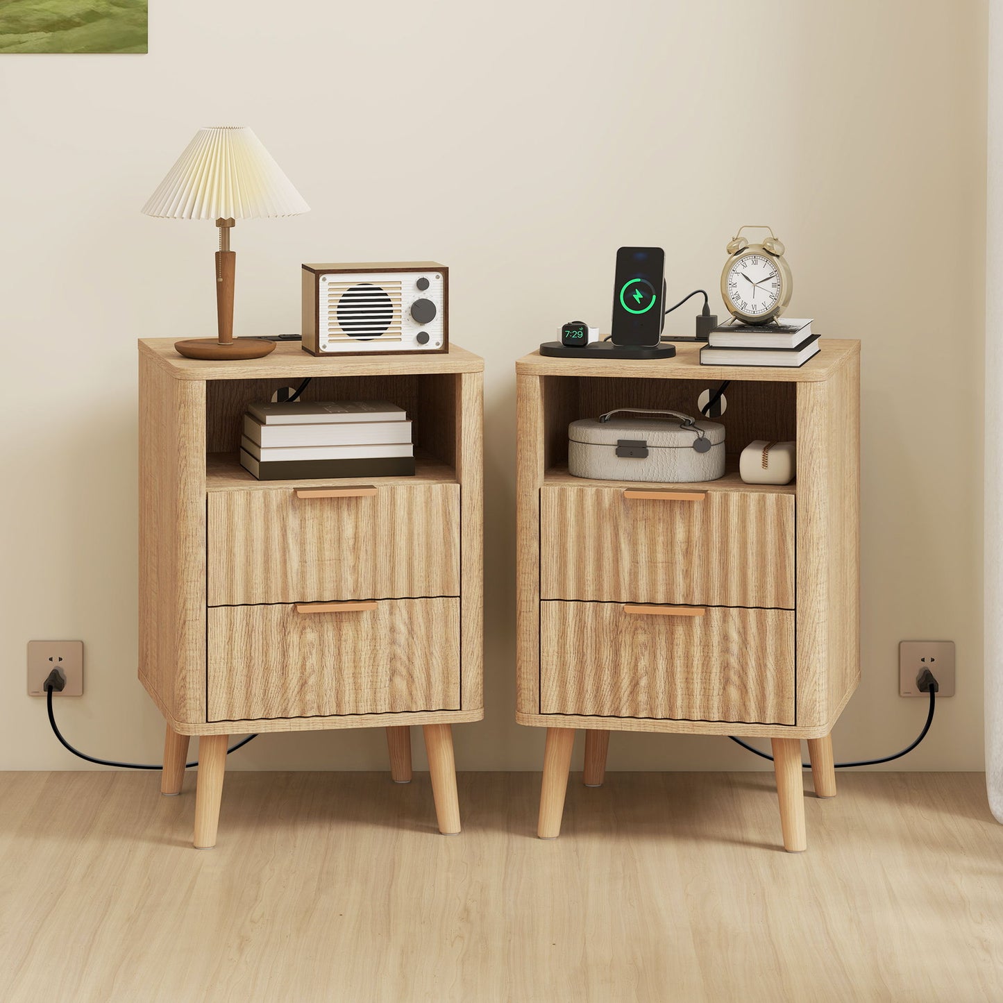 Nightstands Set of 2, Modern Bedside Tables with Charging Station, 2 Drawers and Open Shelf, Oak