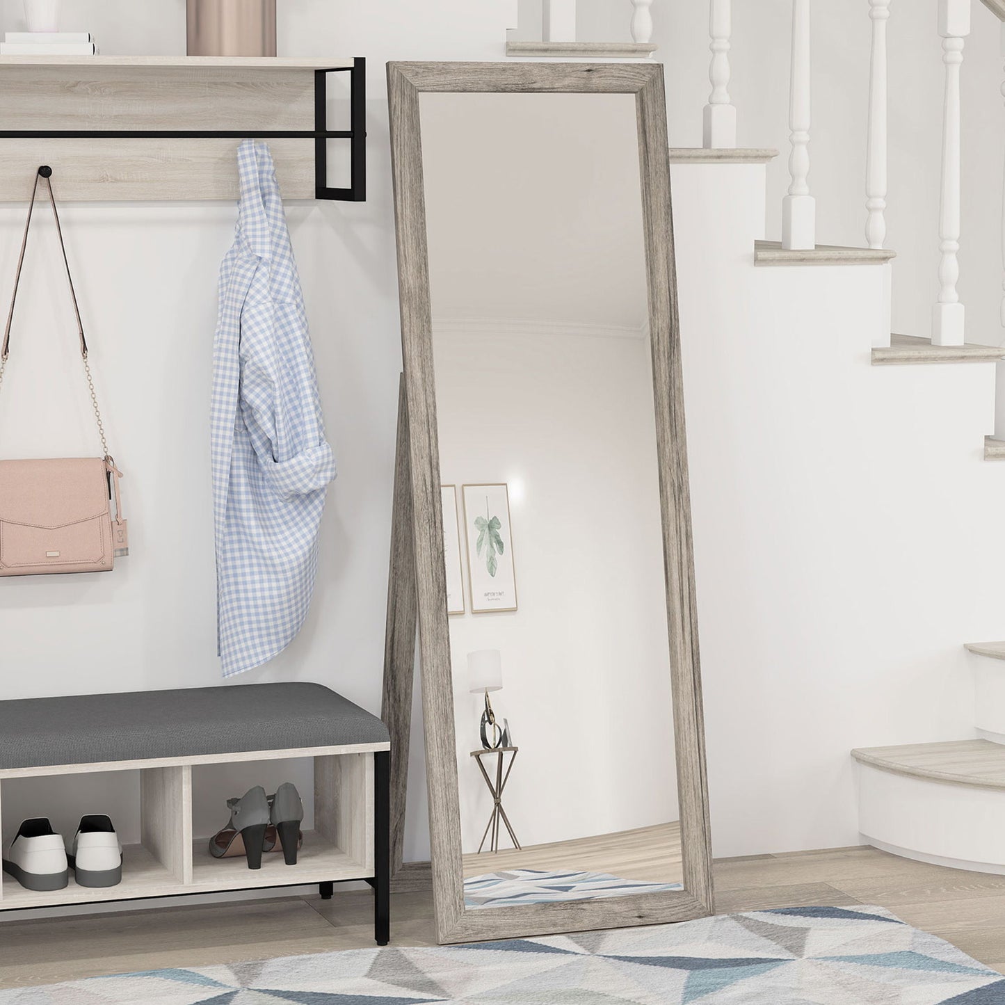 58" x 20" Floor Standing Mirror, Full Body Mirror for Bedroom, Living Room, Grey Wood Grain