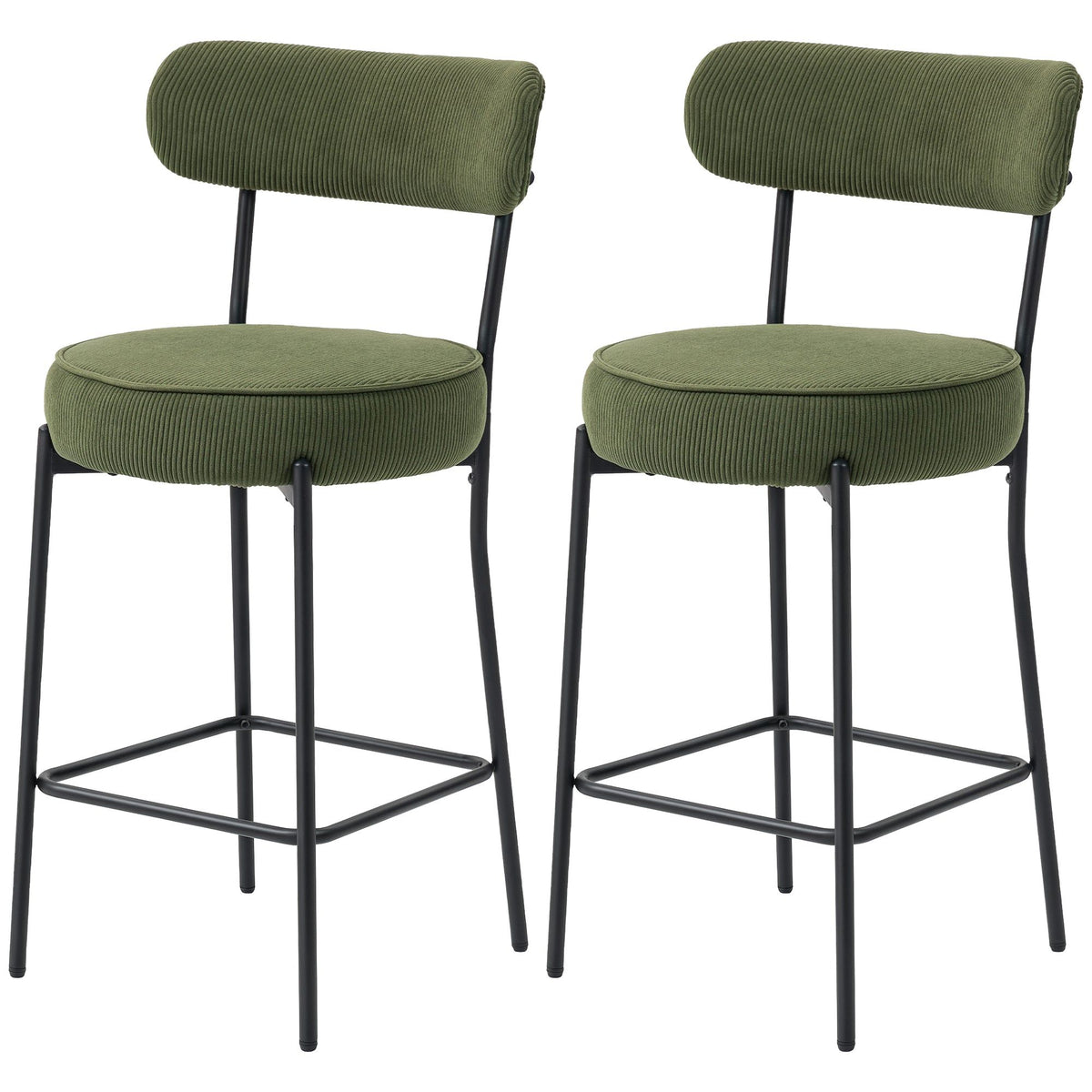 Set of 2 Corduroy Bar Stools with Backrest - Green