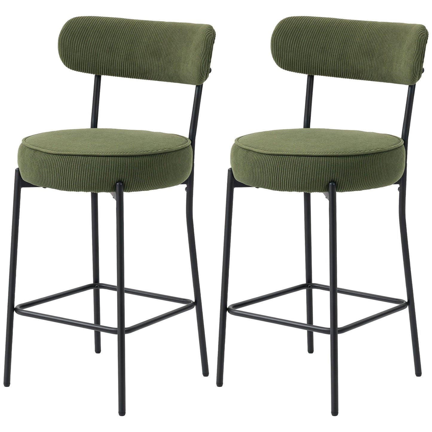 Set of 2 Corduroy Bar Stools with Backrest - Green