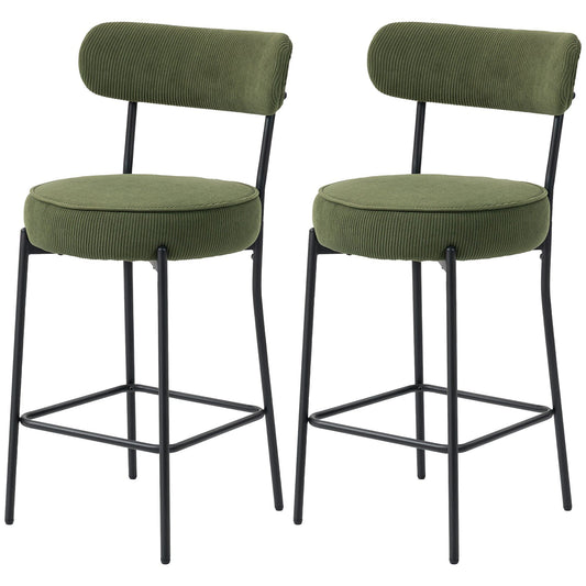 Set of 2 Corduroy Bar Stools with Backrest - Green