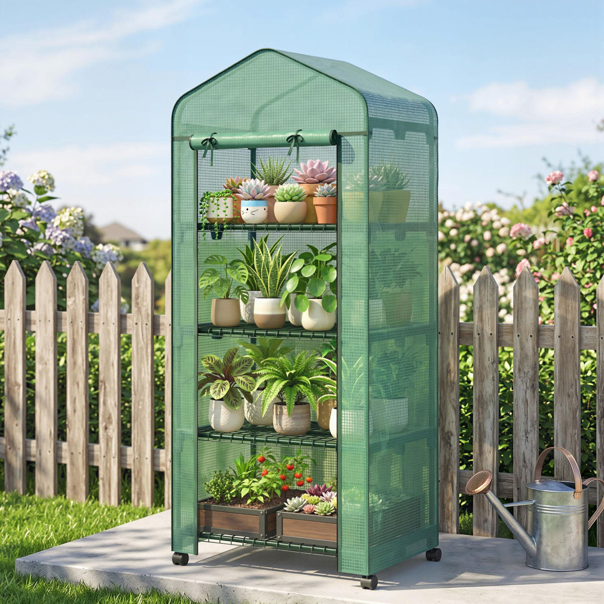 Portable Greenhouse, Outdoor Hot House Plant Flower Greenhouse with 4 Tier Shelves, PE Cover, Green