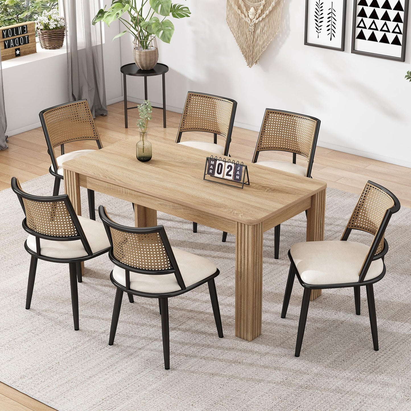 Set of 6 Modern Dining Chairs with PE Rattan Backrest, Ergonomic Side Chairs for Home or Restaurant, 19.5'' L x 19'' W x 31.5'' H, Black+Natural