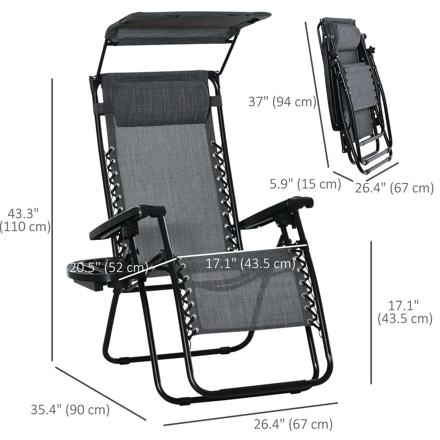 Outdoor Zero Gravity Reclining Lounger Chair with Canopy Shade, Side Tray, Cupholder, Light Grey
