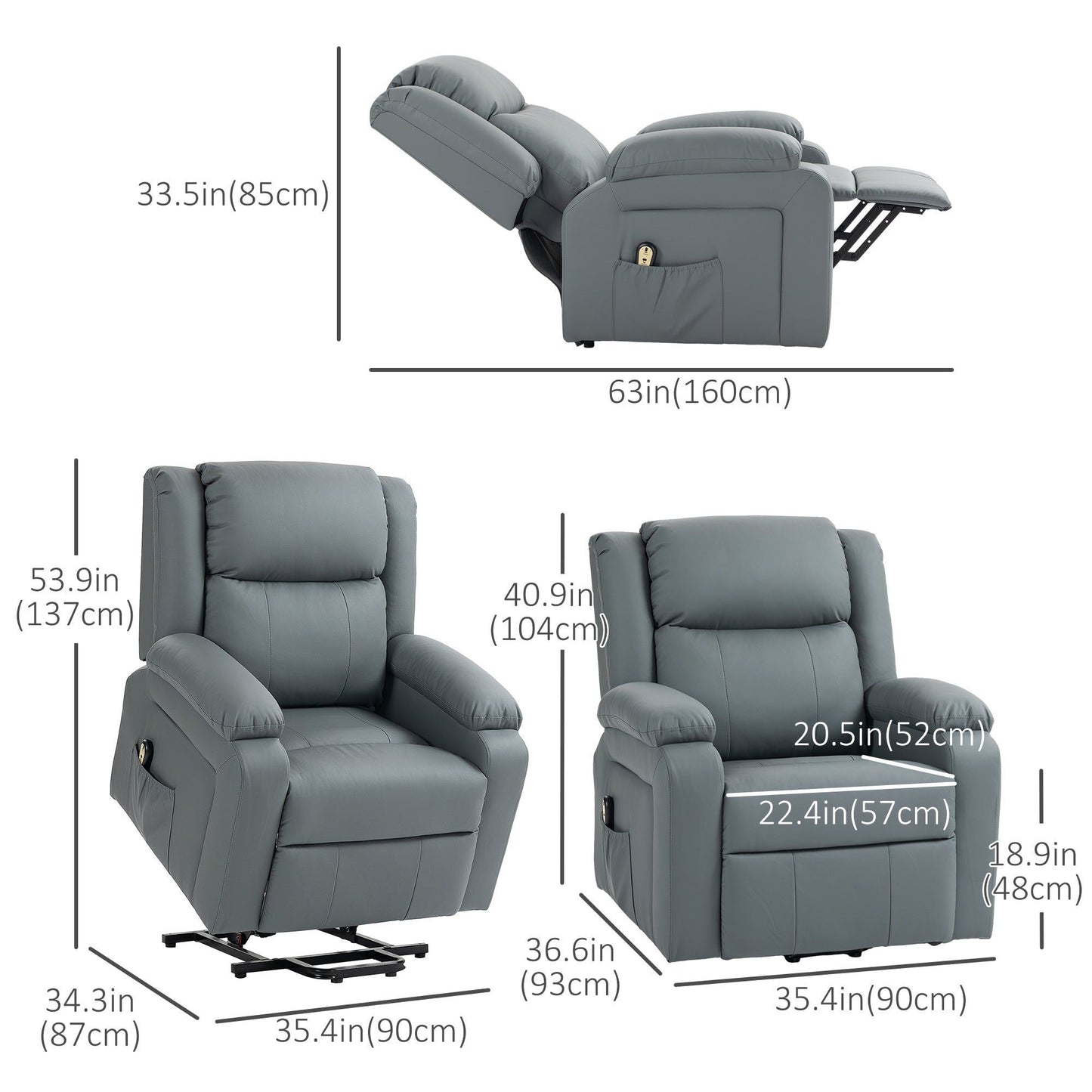 PU Leather Power Lift Recliner with Remote - Grey