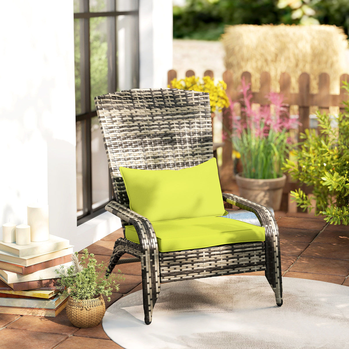 Patio Wicker Adirondack Chair, Outdoor PE Rattan Fire Pit Chair, Muskoka Chair w/ Soft Cushions, Tall Curved Backrest and Comfortable Armrests for Deck Garden, Green