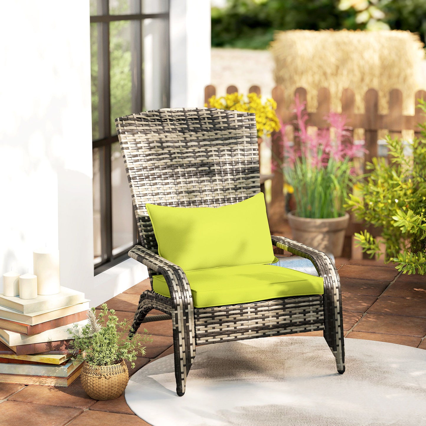 Patio Wicker Adirondack Chair, Outdoor PE Rattan Fire Pit Chair, Muskoka Chair w/ Soft Cushions, Tall Curved Backrest and Comfortable Armrests for Deck Garden, Green