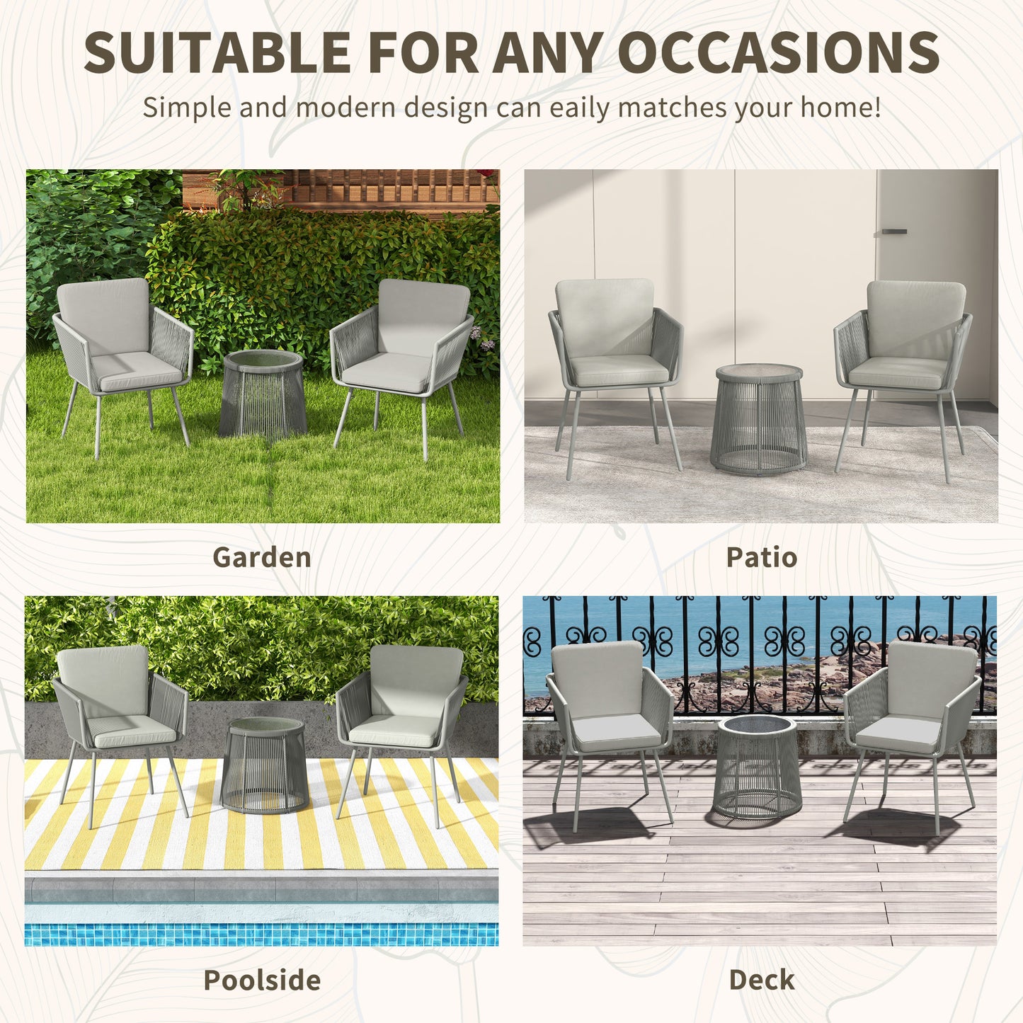 3 Piece Outdoor Patio Bistro Set, Wicker Rattan Furniture with Metal Legs for Garden, Backyard, Light Grey