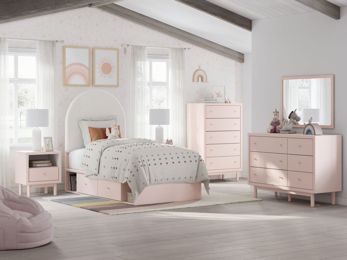Wistenpine - 9 Pc. - Dresser, Mirror, Twin Upholstered Panel Bed With Under Bed Storage, 2 Nightstands - Blush