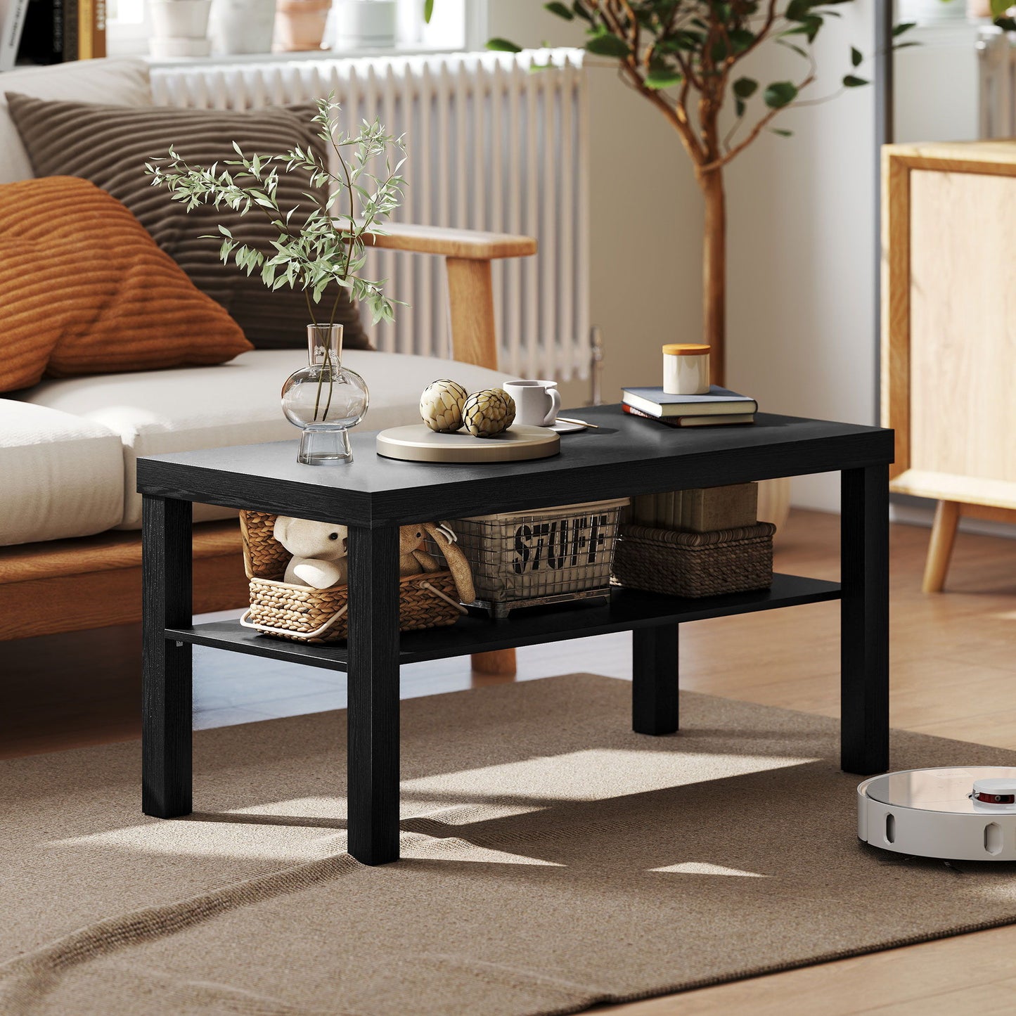 2 Tier Coffee Table, Rectangular Center Table with Storage Shelf for Living Room, Home Office, Black