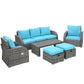 6 Pieces Patio Furniture with Cushions, PE Wicker Sectional Furniture Conversation Set with a 3-Seat Sofa, 2 Recliner Chairs, 2 Footstools, Table, Sky Blue