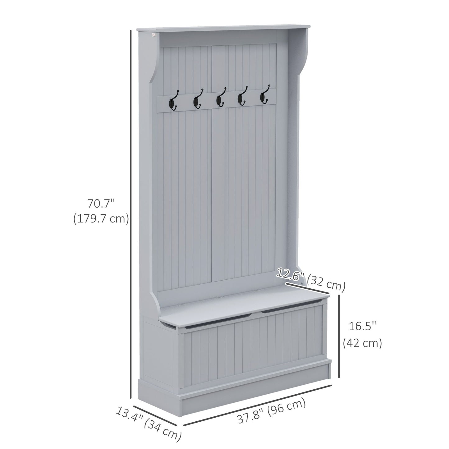 4-In-1 Hall Tree with Coat Rack, Top Shelf, Shoe Storage and Bench Seat, Entryway Bench with 5 Hooks, Grey