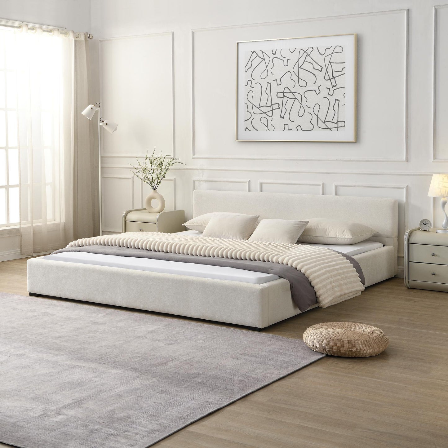 King Upholstered Wide-Edge Bed with 12 Wooden Slats, Breathable Fabric, Solid Bed Frame with 6 Support Legs, 87.5'' L x 83'' W x 27.5'' H, Beige