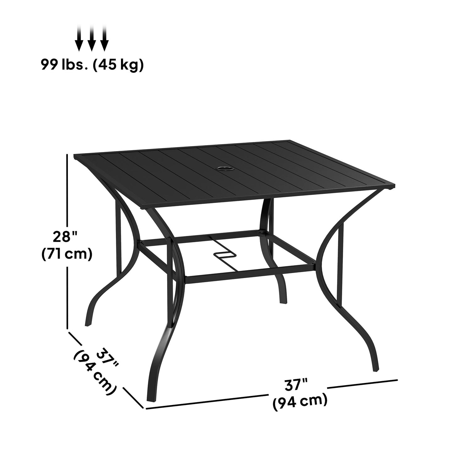 Outdoor Dining Table for Four, Patio Table with Parasol Hole, Square Garden Table with Slatted Metal Plate Top, for Backyard, Poolside, Black