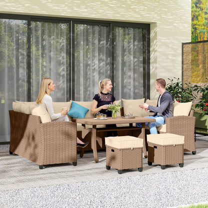 Khaki 6-Piece Wicker Sofa Set with Coffee Table