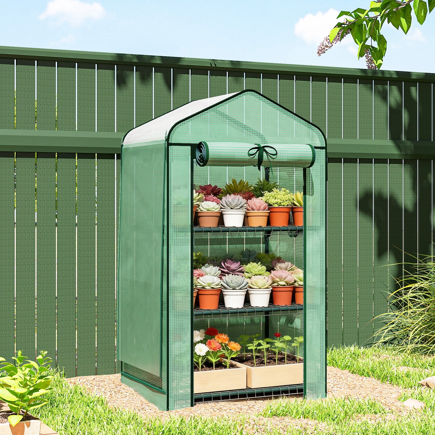 Mini Greenhouse with Screen Roof, Portable Small Greenhouse with Roll-Up Zipper Door