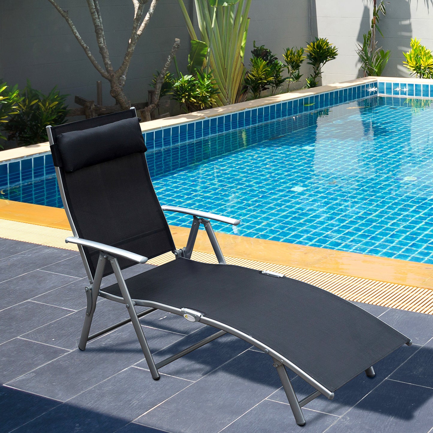 Outdoor Folding Chaise Lounge Chair Steel Portable Recliner with 7 Adjustable Backrest Positions, Red - Black