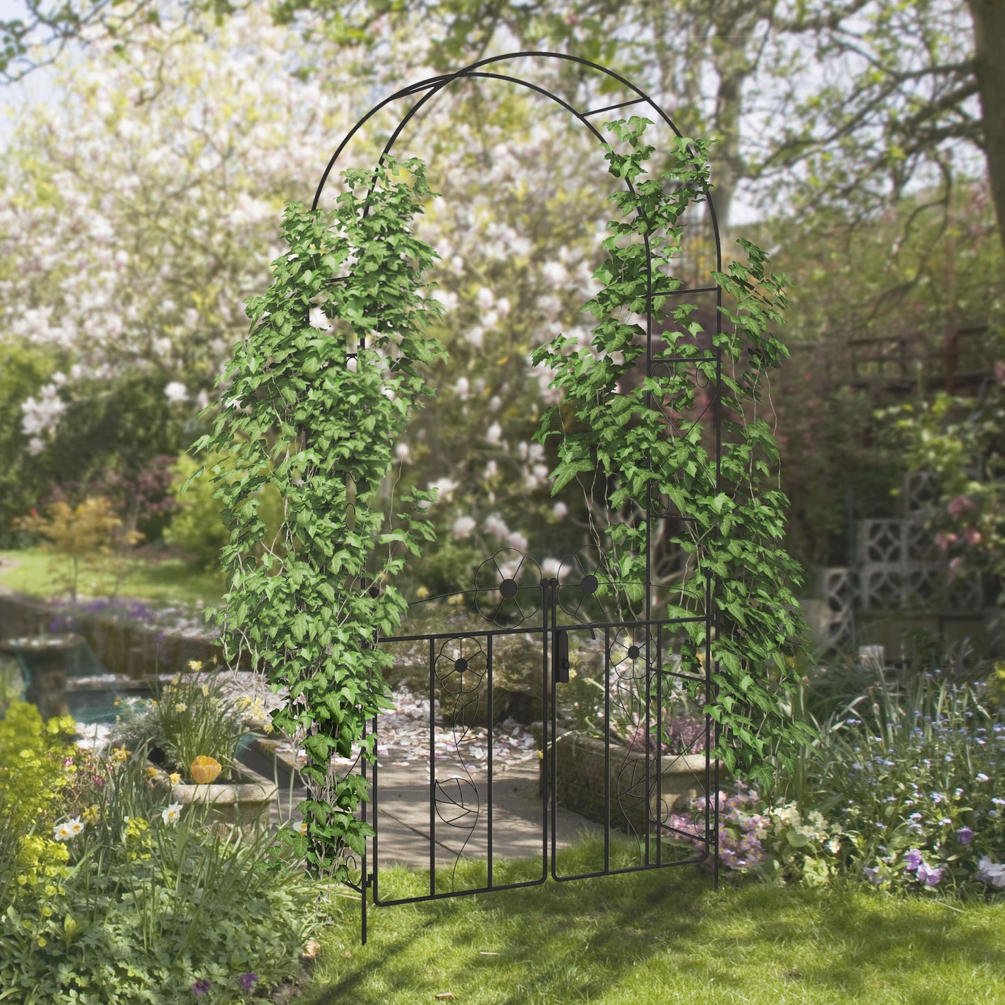 7.5FT Metal Garden Arbour with Double Gate, Arch Trellis for Climbing Vine Plants, Outdoor Wedding, Decoration, Black