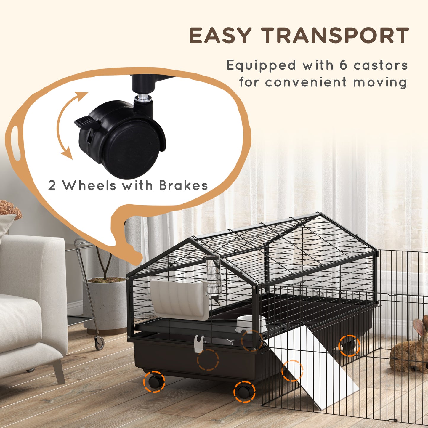 Guinea Pig Cage with Foldable Detachable Playpen, Rolling Rabbit Chinchilla Hedgehog Bunny Cage Small Animal Habitat with Water Bottle, Hay Feeder