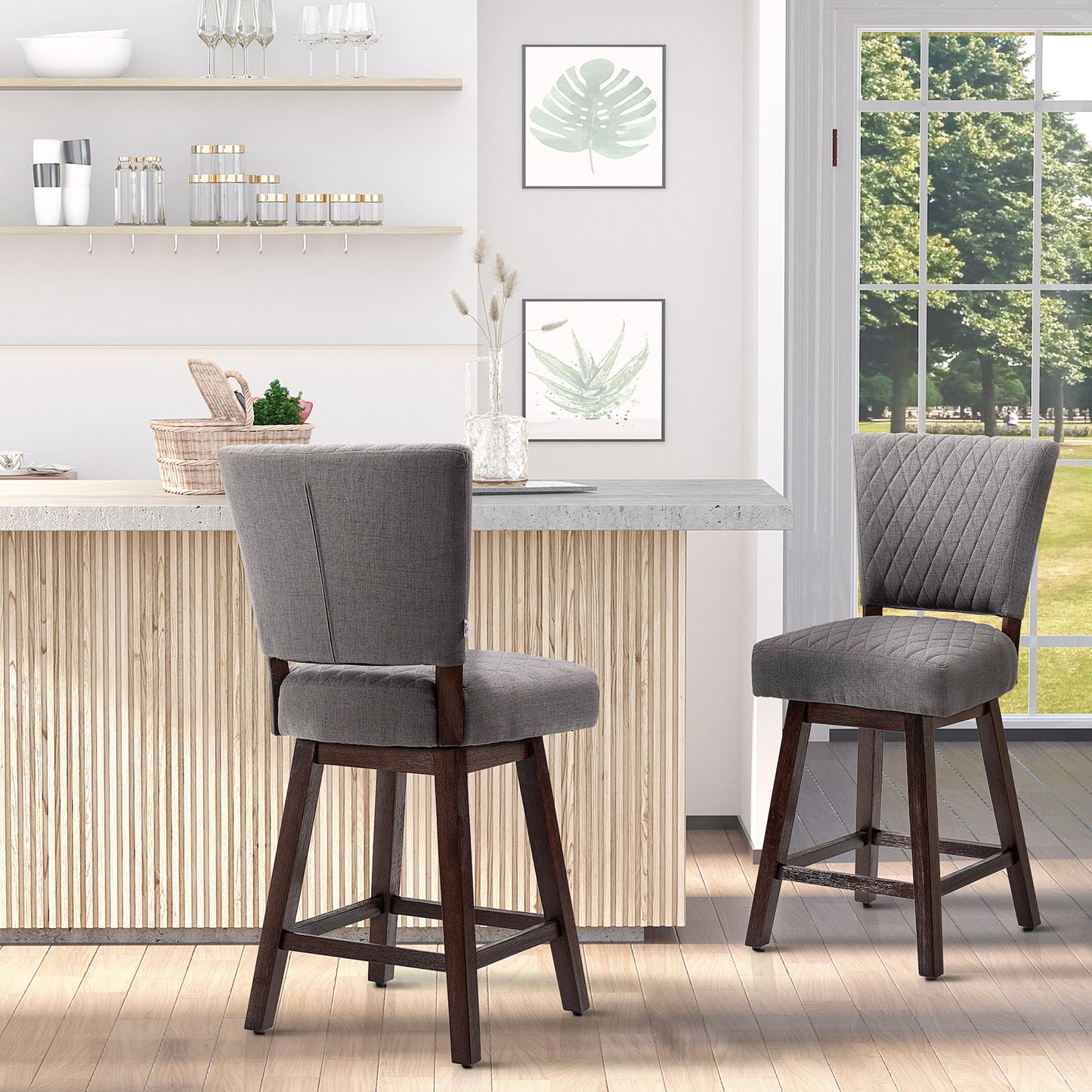 2 Pieces Swivel Bar Stools, Counter Height Stools Set of 2 with Wood Legs and Footrests for Dining Room, Dark Grey