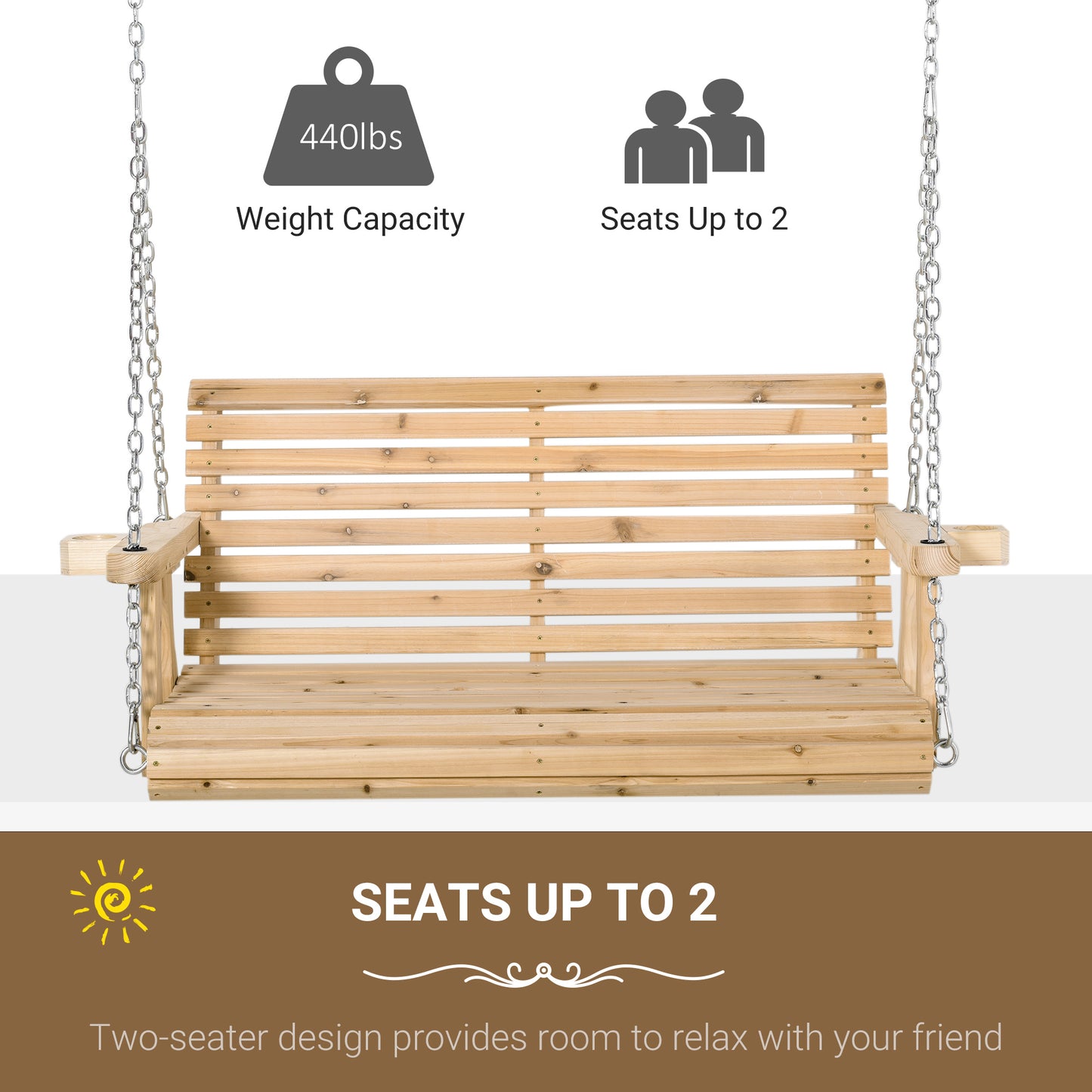 2 Seater Porch Swing Wooden Patio Swing Chair Seat with Cup Holder and Chains Outdoor Swing Bench for Garden Yard, White