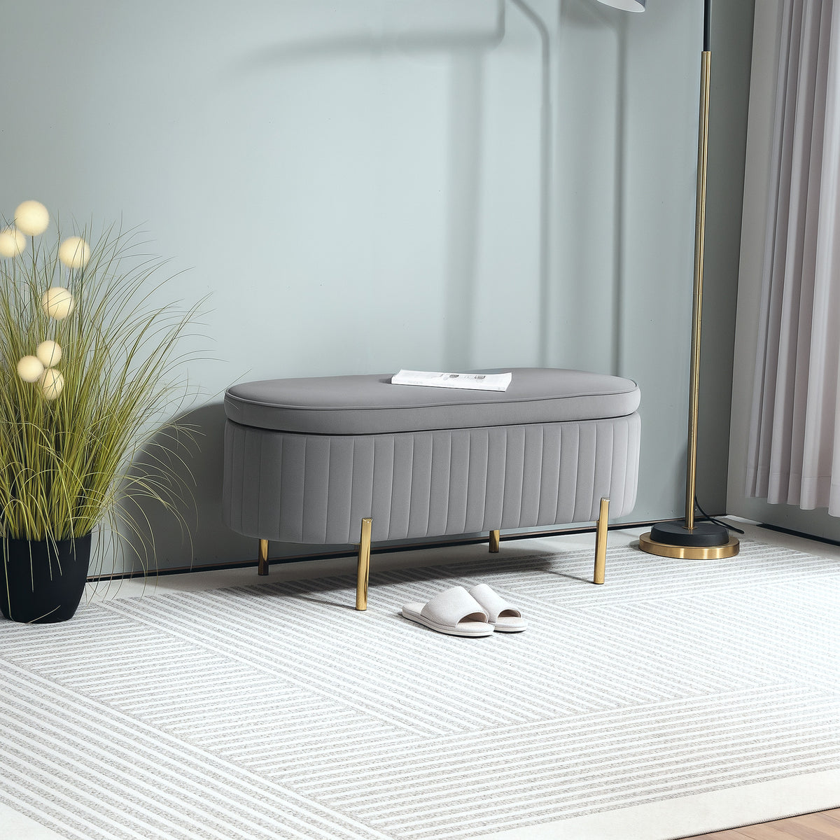 Upholstered Bedroom Bench, Channel Tufted Ottoman Bench with Thick Padding and Metal Legs, Grey