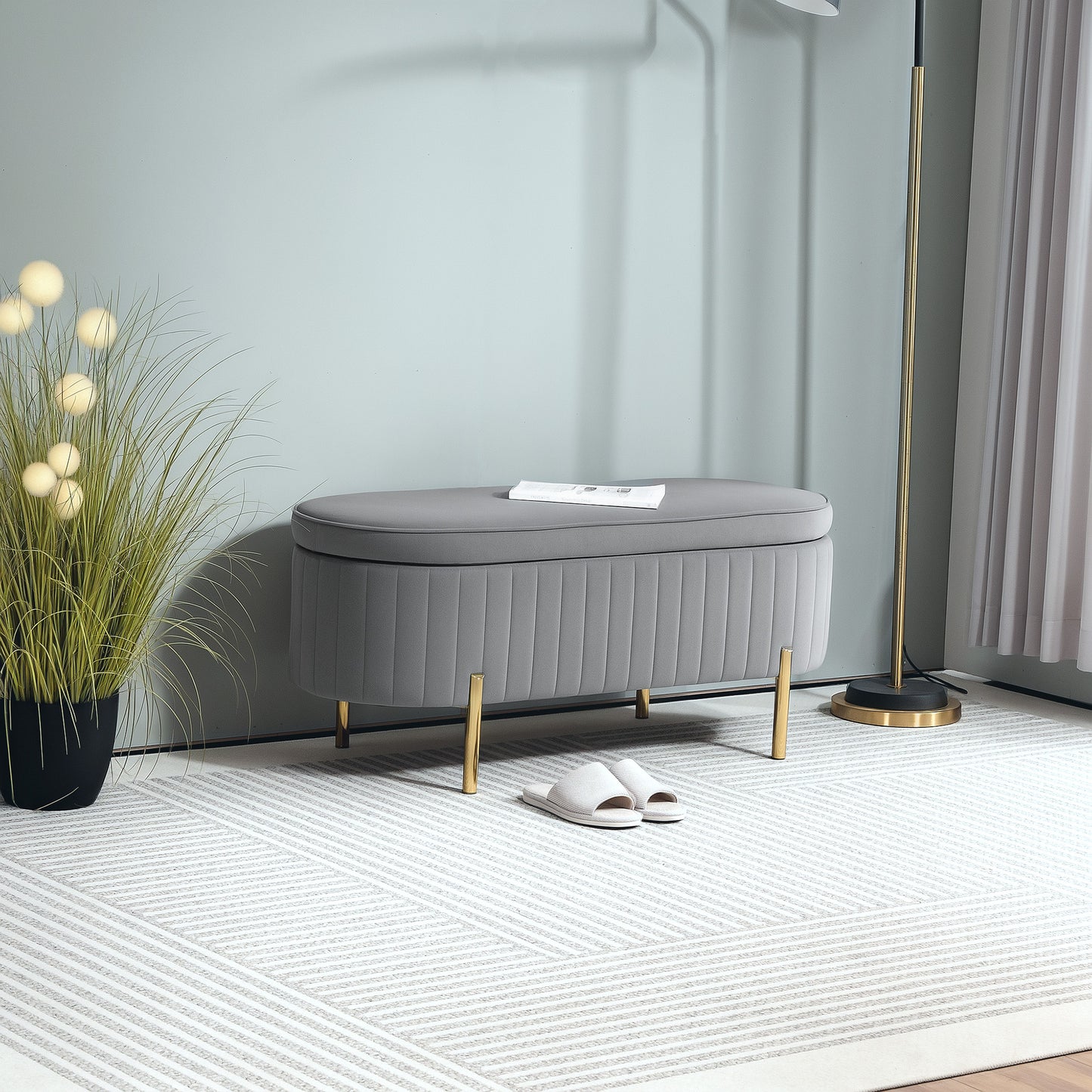 Upholstered Bedroom Bench, Channel Tufted Ottoman Bench with Thick Padding and Metal Legs, Grey