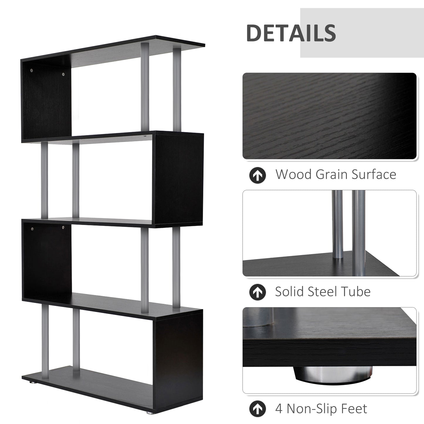 5-Tiers Geometric Wooden Bookcase S-Shaped Storage Bookshelf Display with Metal Frame for Living Room, Bedroom, Home Office, Black