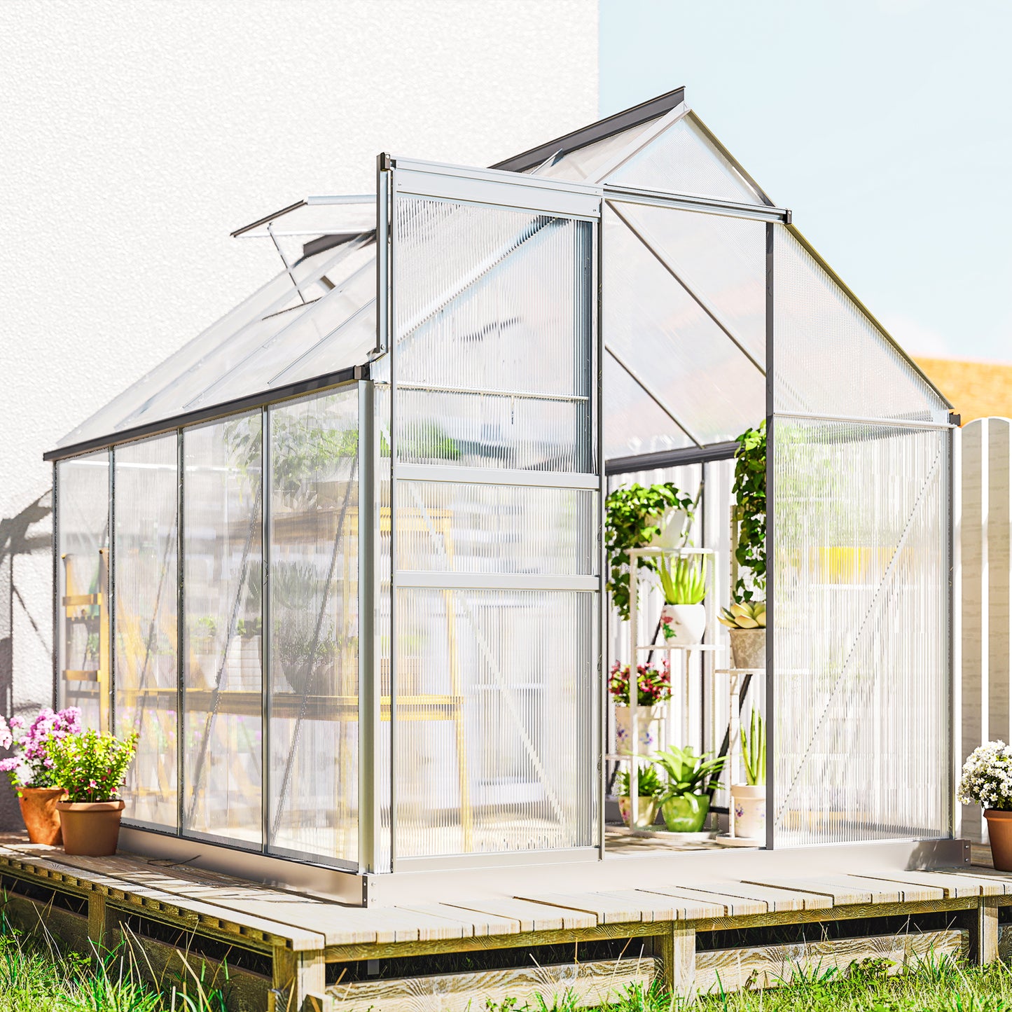 6' x 8' x 6.5' Walk-in Greenhouse, Polycarbonate Greenhouse with Adjustable Roof Vent, Base, Sliding Door, Clear