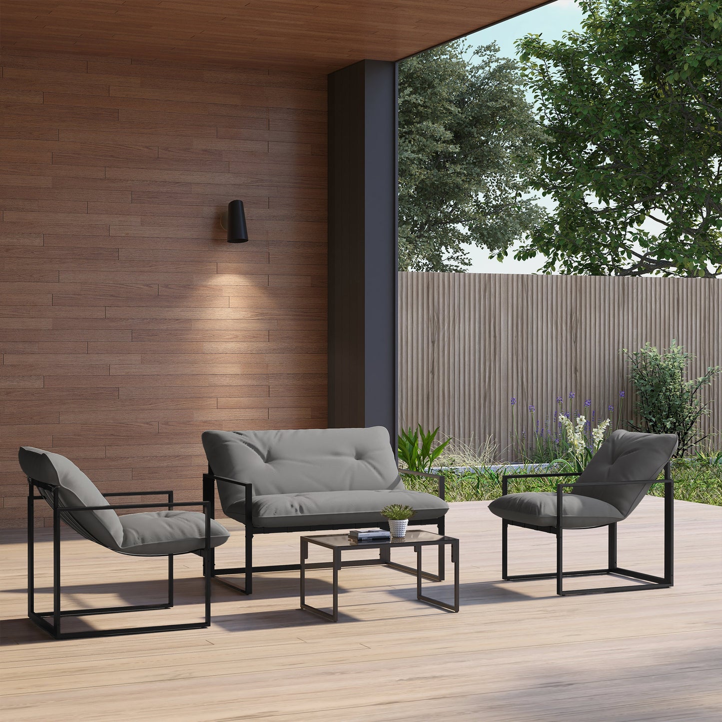 4 Piece Outdoor Furniture Set, Patio Conversation Set with Tempered Glass Table, Loveseat, Chairs, Cushions, Light Grey