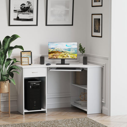 47" L-Shaped Computer Desk with Keyboard Tray - White