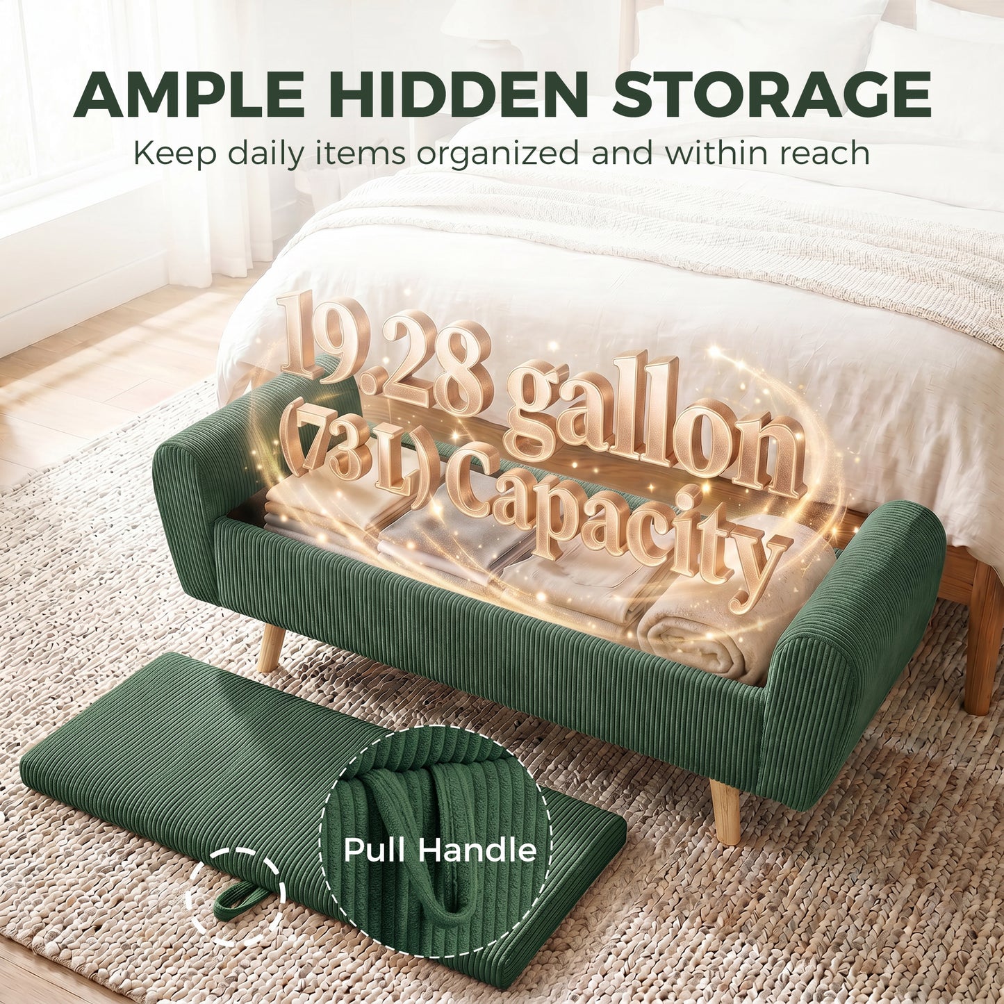 Storage Ottoman, 59" Corduroy End of Bed Storage Bench for King Size Bed with Wooden Legs and Rolled Arms, Dark Green