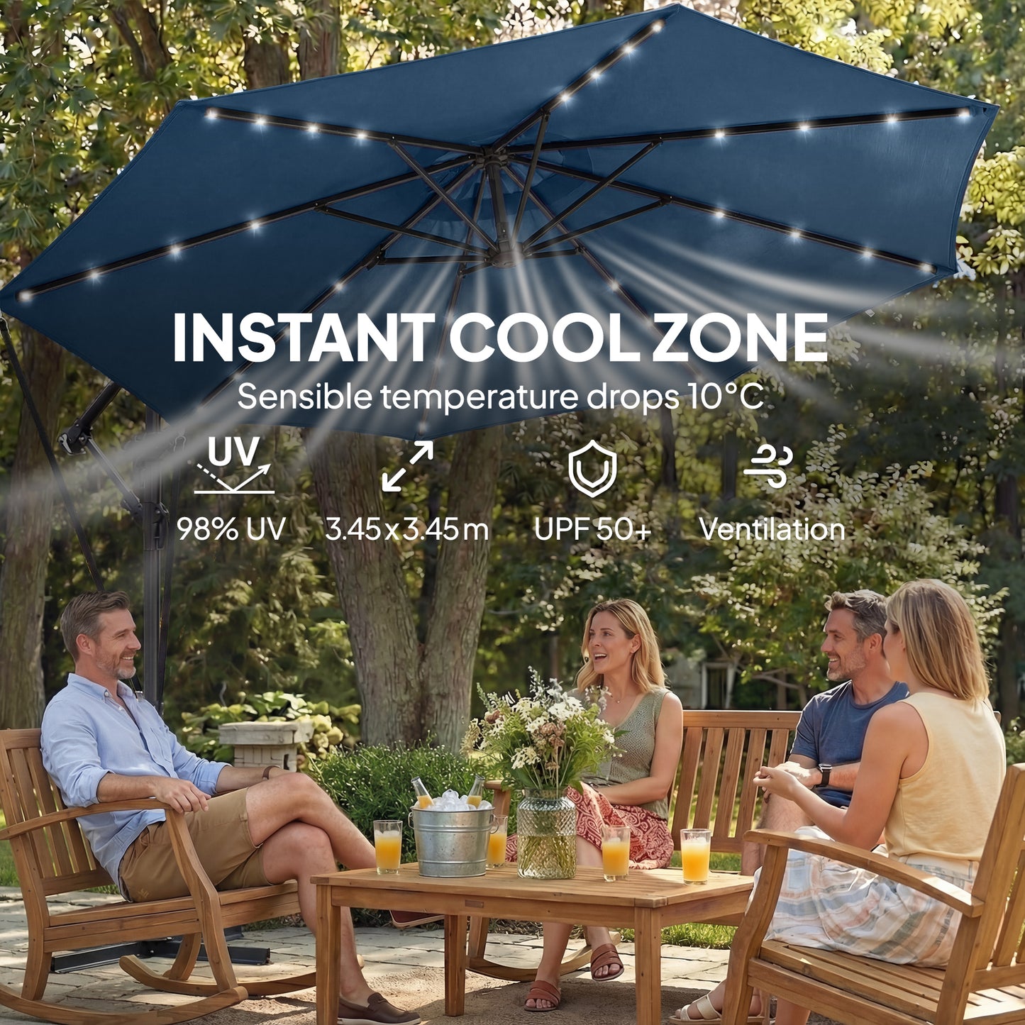 11.3 ft Cantilever Patio Umbrella with Light, Cover, Aluminium UPF50+ Offset Outdoor Umbrella Parasol, Navy Blue