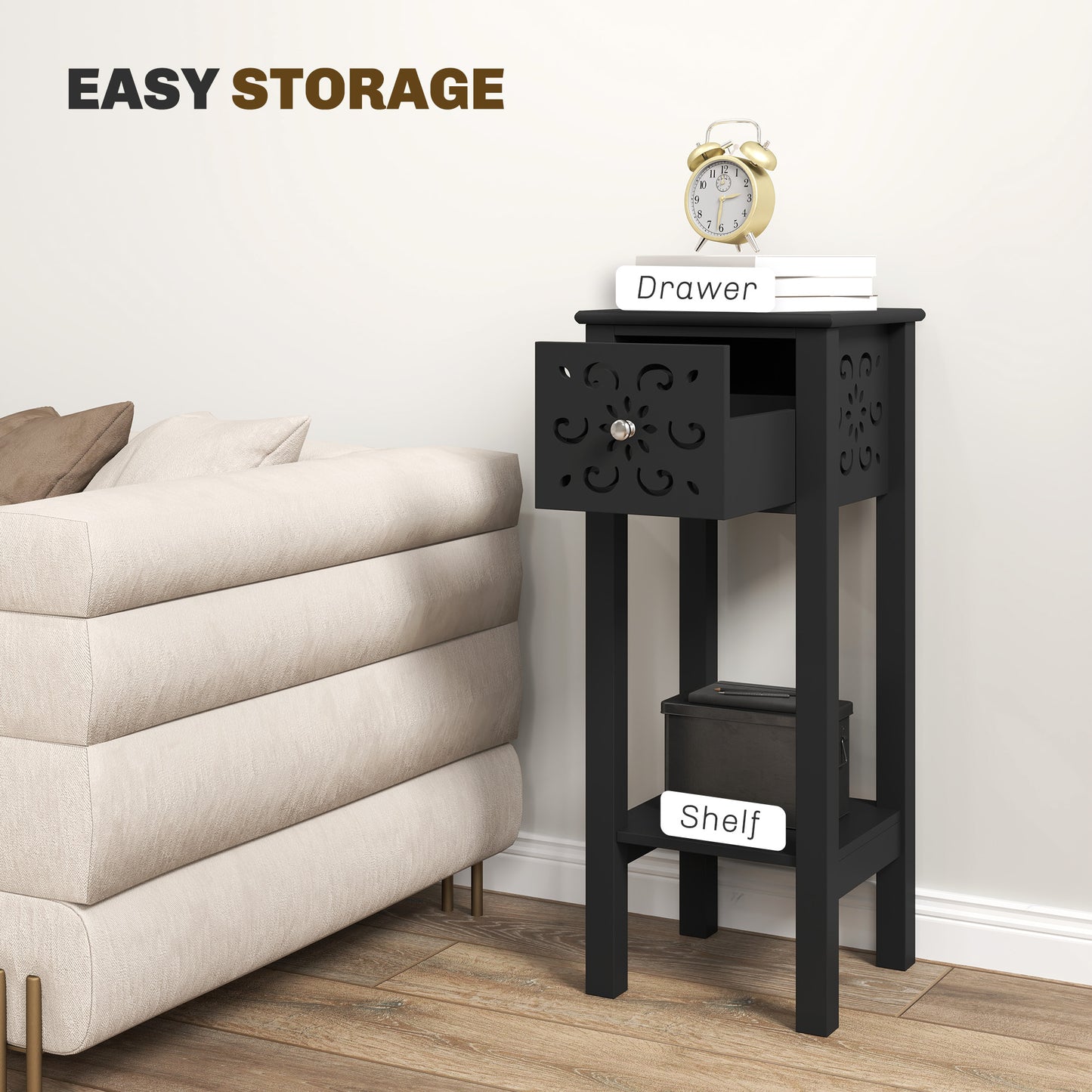 Nightstand Set of 2 with Drawer and Open Storage Shelf Black