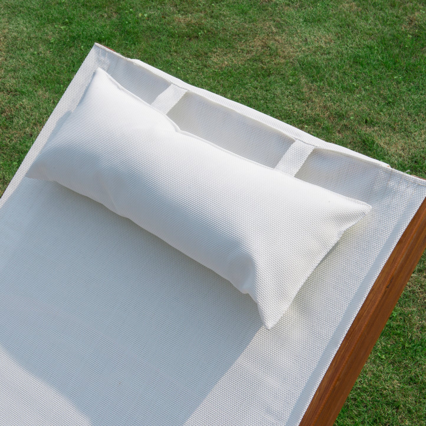Outdoor Wood Sling Chaise Lounge Reclining Garden Mesh Lounger Patio Chair with Headrest Cream