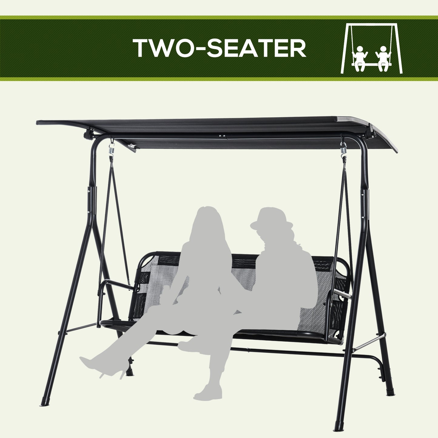 2-Person Porch Swing Chair, 2 Seater Patio Swing Bench w/ Adjustable Canopy, Breathable Seat for Garden, Poolside, Black
