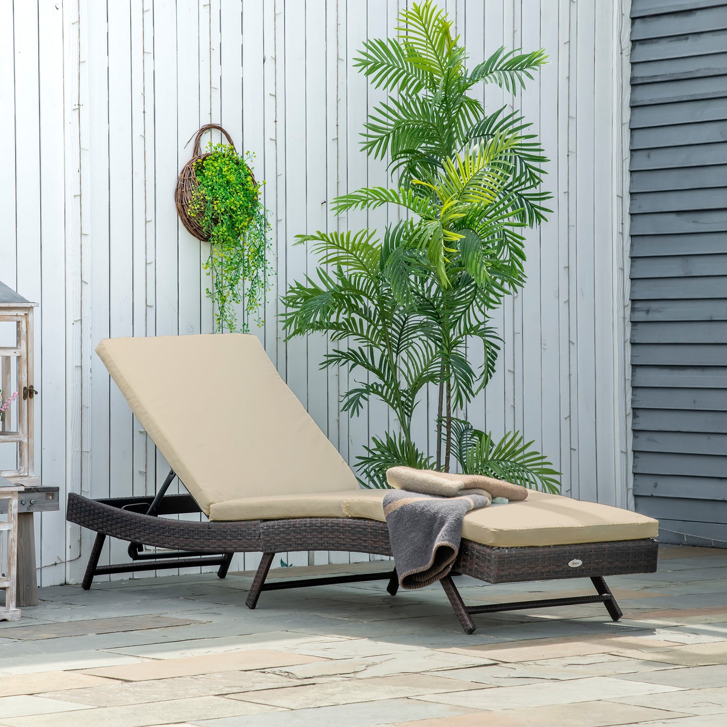 Wicker Patio Lounger, Outdoor Recliners Lounge Chair w/ 5-Level Adjustable Backrest, Cushion for Outdoor, Khaki