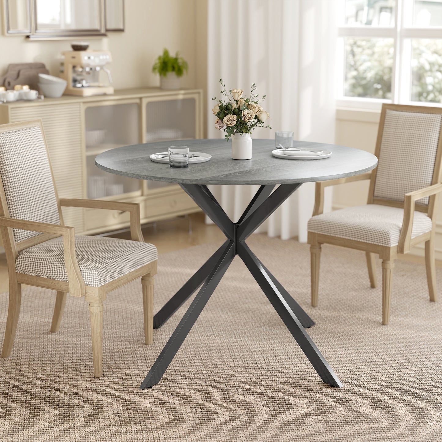 40" Round Kitchen Table for 4, Industrial Dining Table with Steel Legs for Dining Room, Distressed Grey