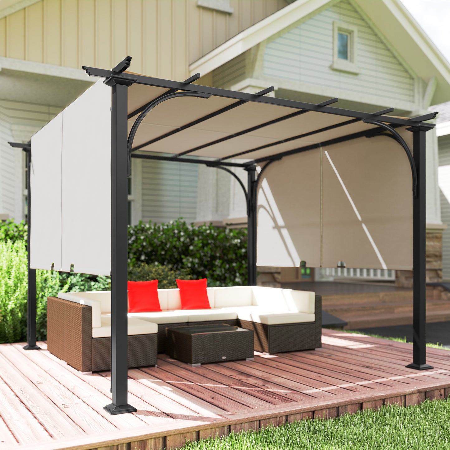 10' x 10' Outdoor Pergola Patio Gazebo Canopy Sun Shelter, Steel Frame, Beige