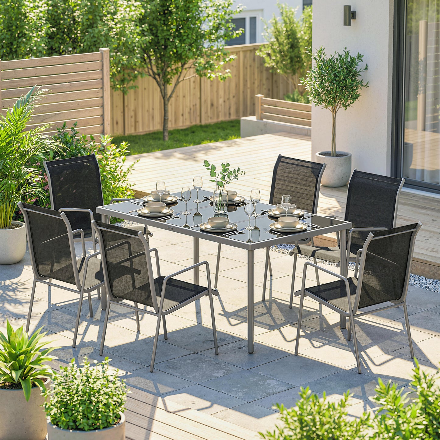 7 Piece Garden Dining Set, Garden Furniture Set with Rectangle Table and 6 Stackable Chairs