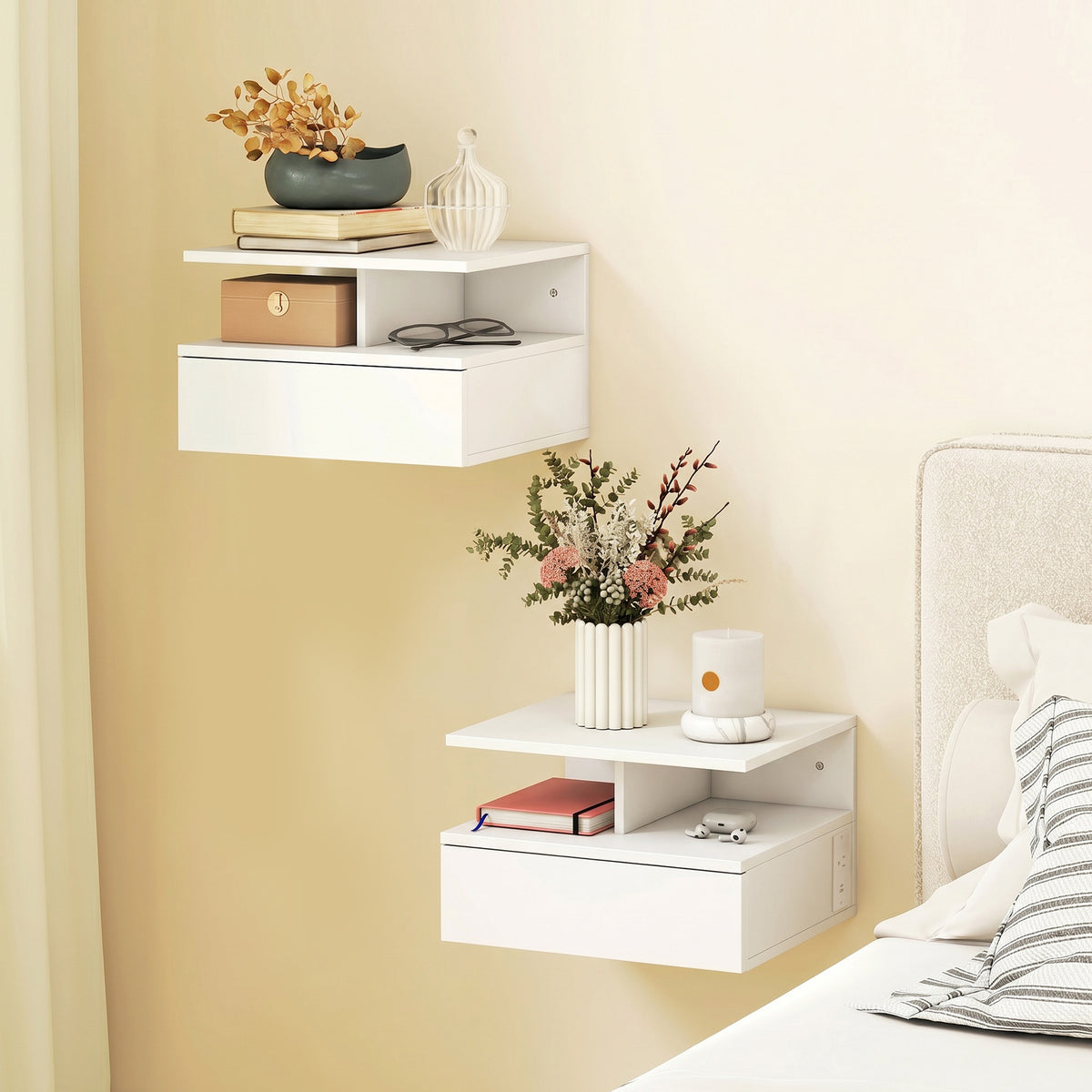 Floating Nightstand Set of 2, Wall Mounted Bedside Table with Power Outlets, Drawer and Shelf, White
