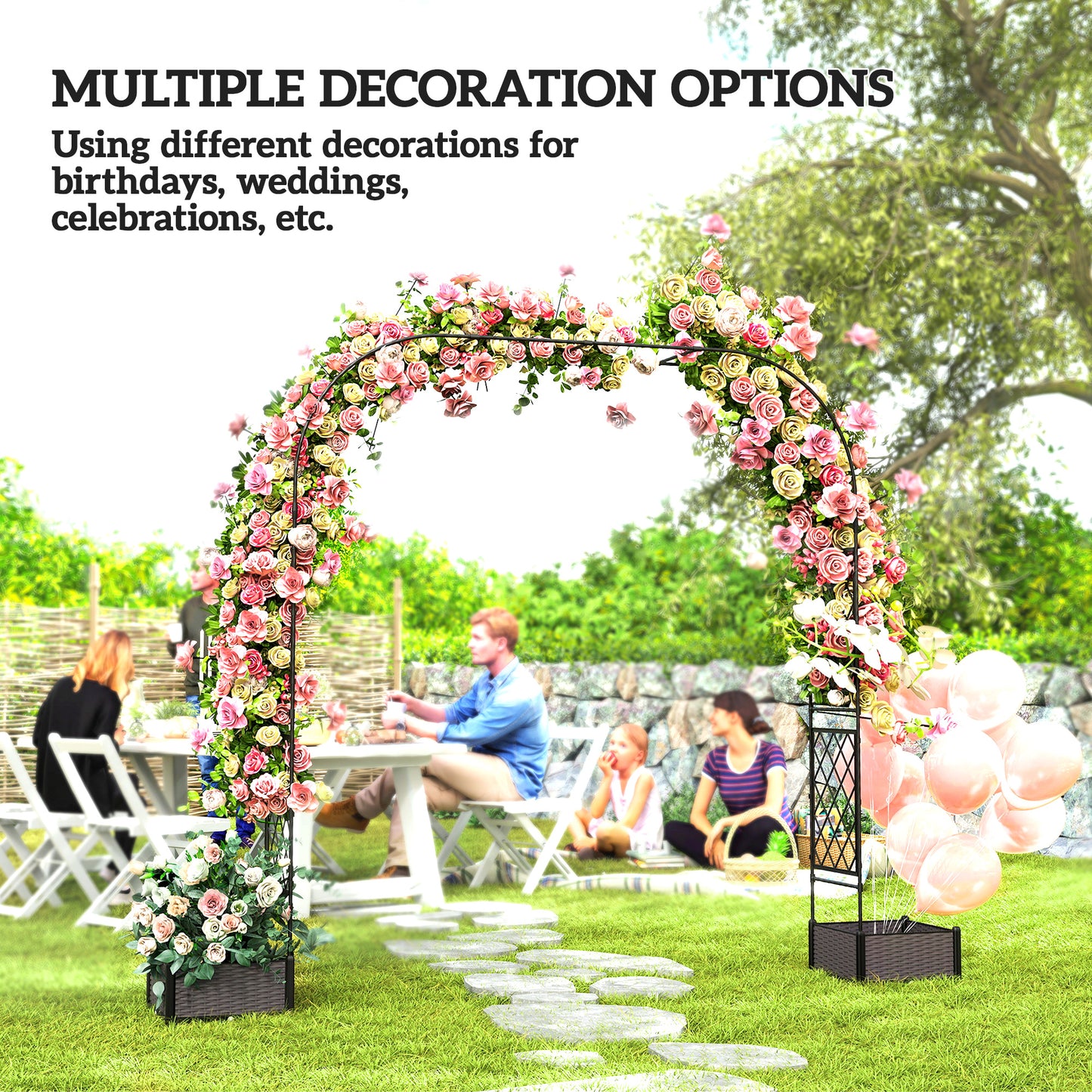 Garden Arch Outdoor Trellis Arbor with 2 Planter Boxes, 109.4" x 15.7" x 86.6", Black