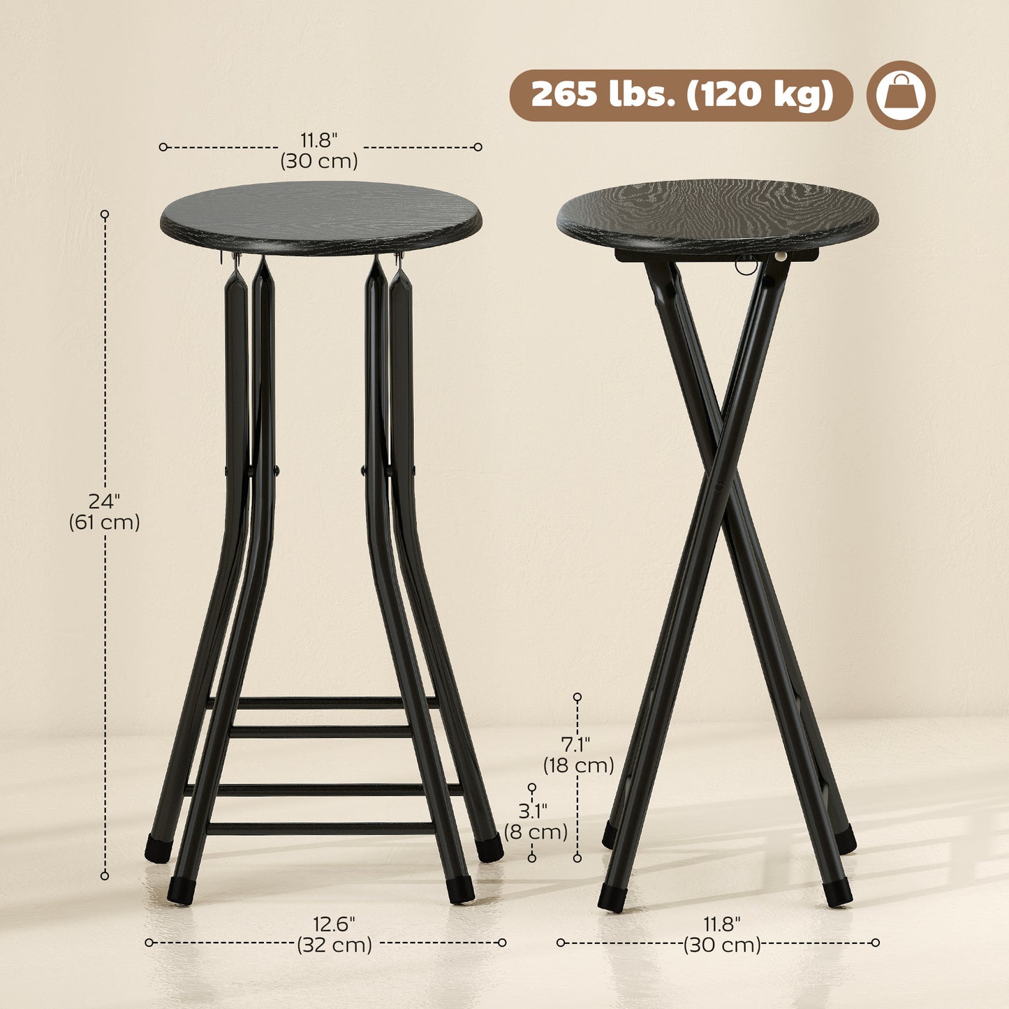 Set of 4 Foldable Barstools, Counter Height Bar Stools with Footrest and Steel Legs for Kitchen Island, Black