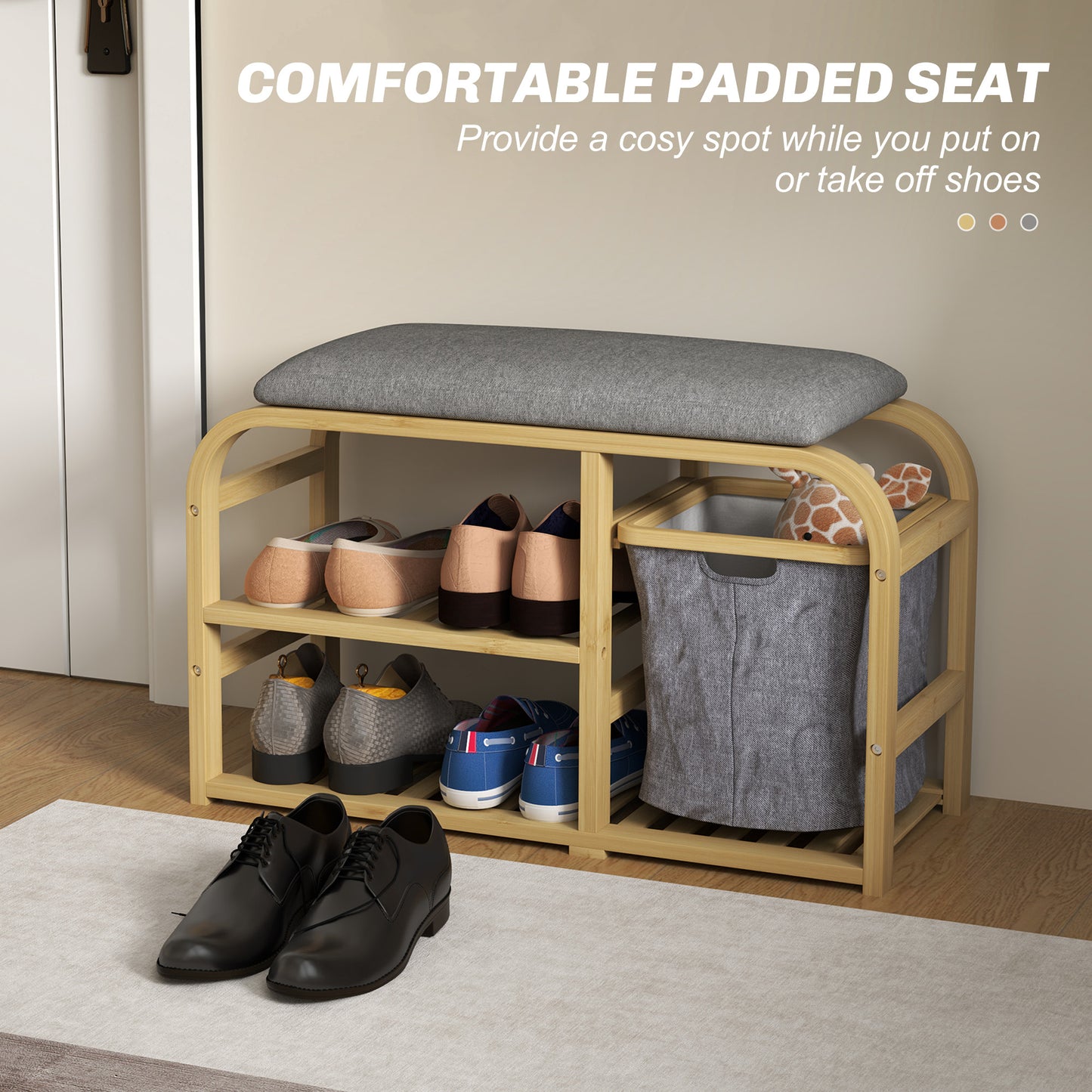 Bamboo Entryway Bench, Shoe Storage Bench with Cushion, Slat Shelves, Pull-Out Basket for Hallway, Entryway, Nature Wood