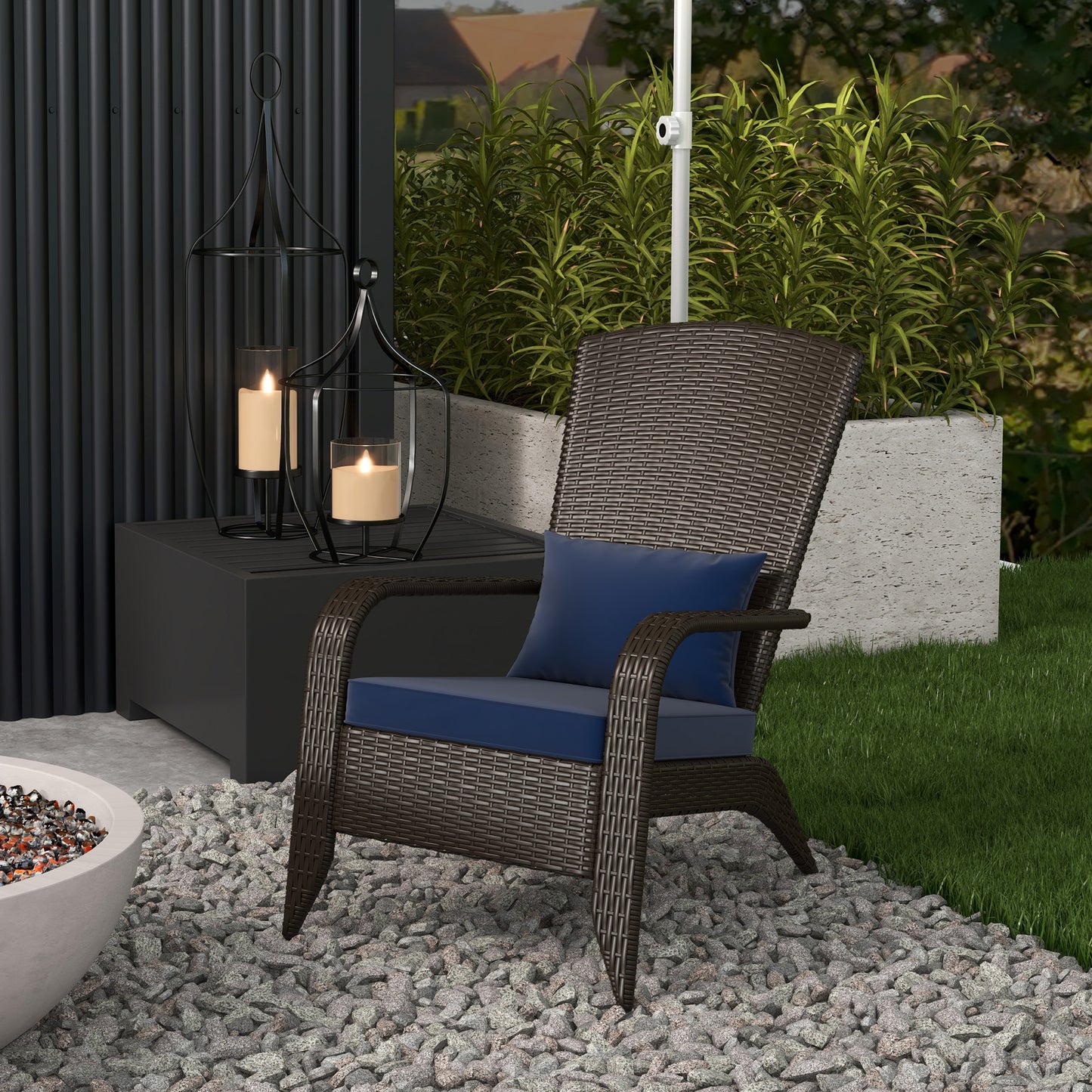 Patio Wicker Adirondack Chair, Outdoor Rattan Muskoka Chair with Cushions for Patio, Garden, Backyard Dark Blue - Dark Blue