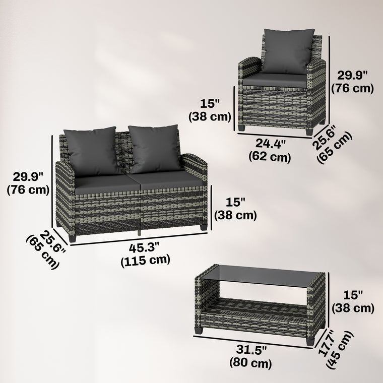4-Piece Wicker Conversation Set with 2-Tier Table - Dark Grey