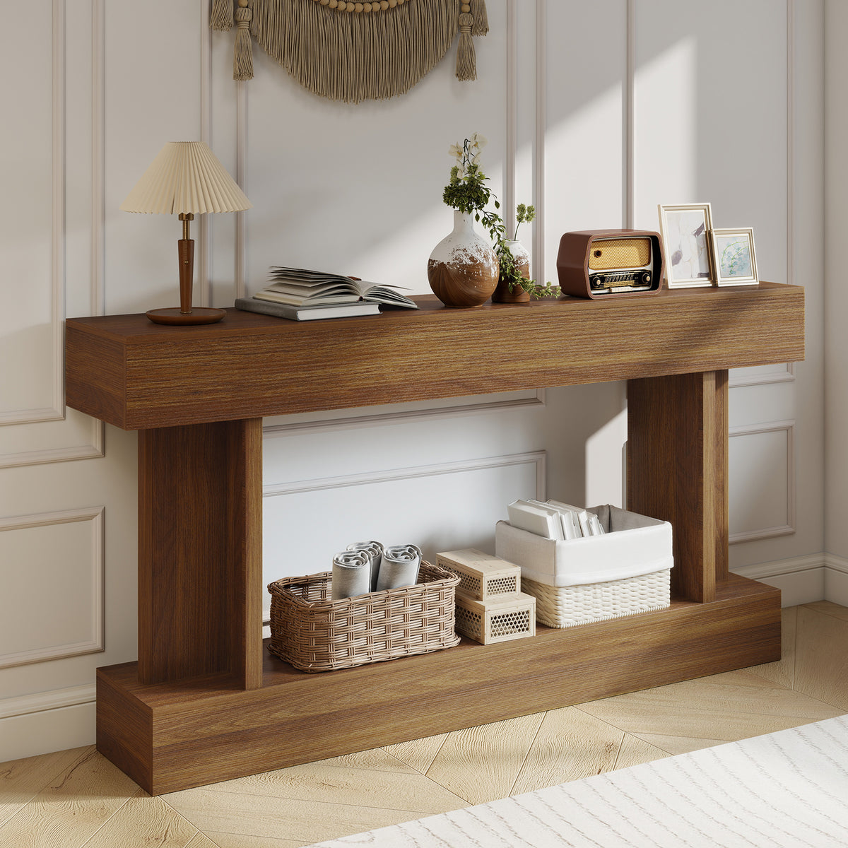 63 Inch Long Console Table, Vintage Narrow Entryway Table with Storage Shelf for Living Room and Hallway, Dark Brown