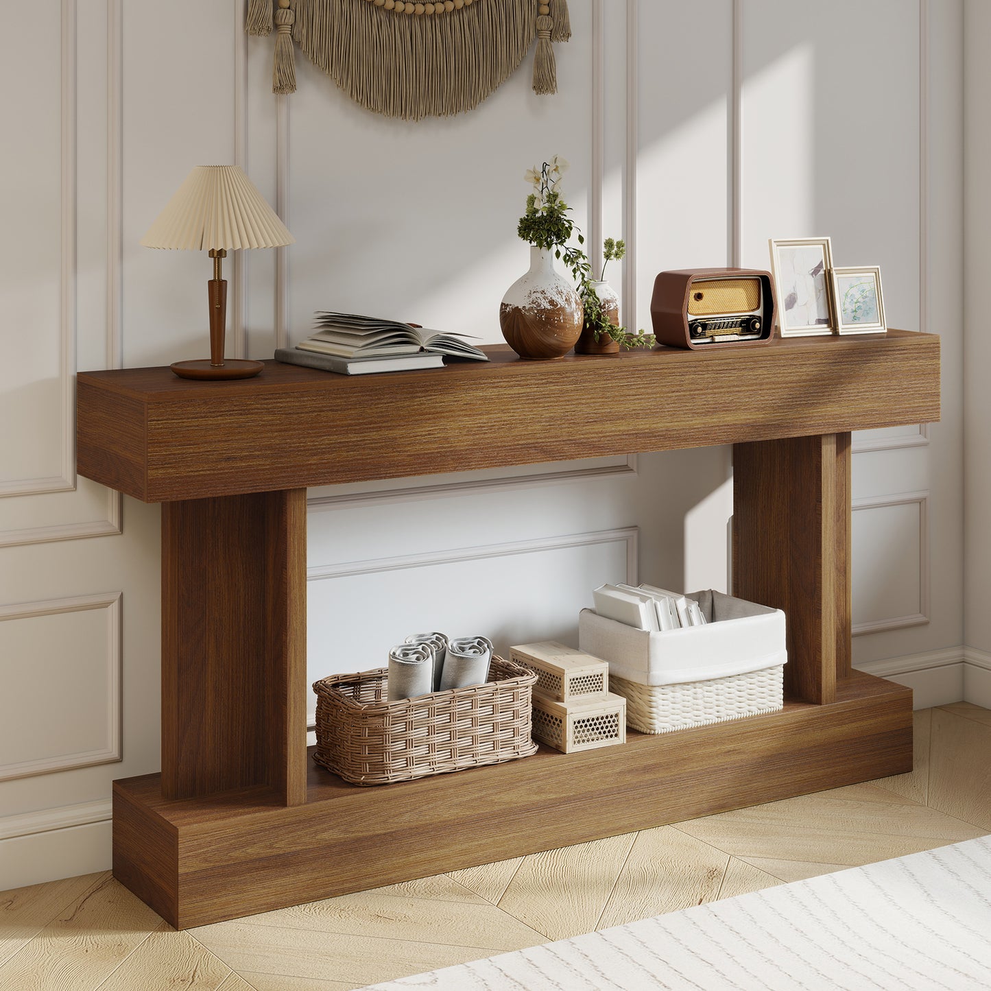 63 Inch Long Console Table, Vintage Narrow Entryway Table with Storage Shelf for Living Room and Hallway, Dark Brown