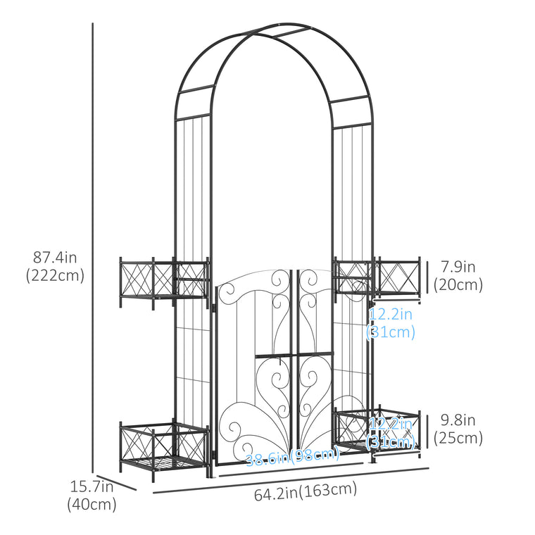 7.1FT Black Metal Garden Arch with Planter Boxes
